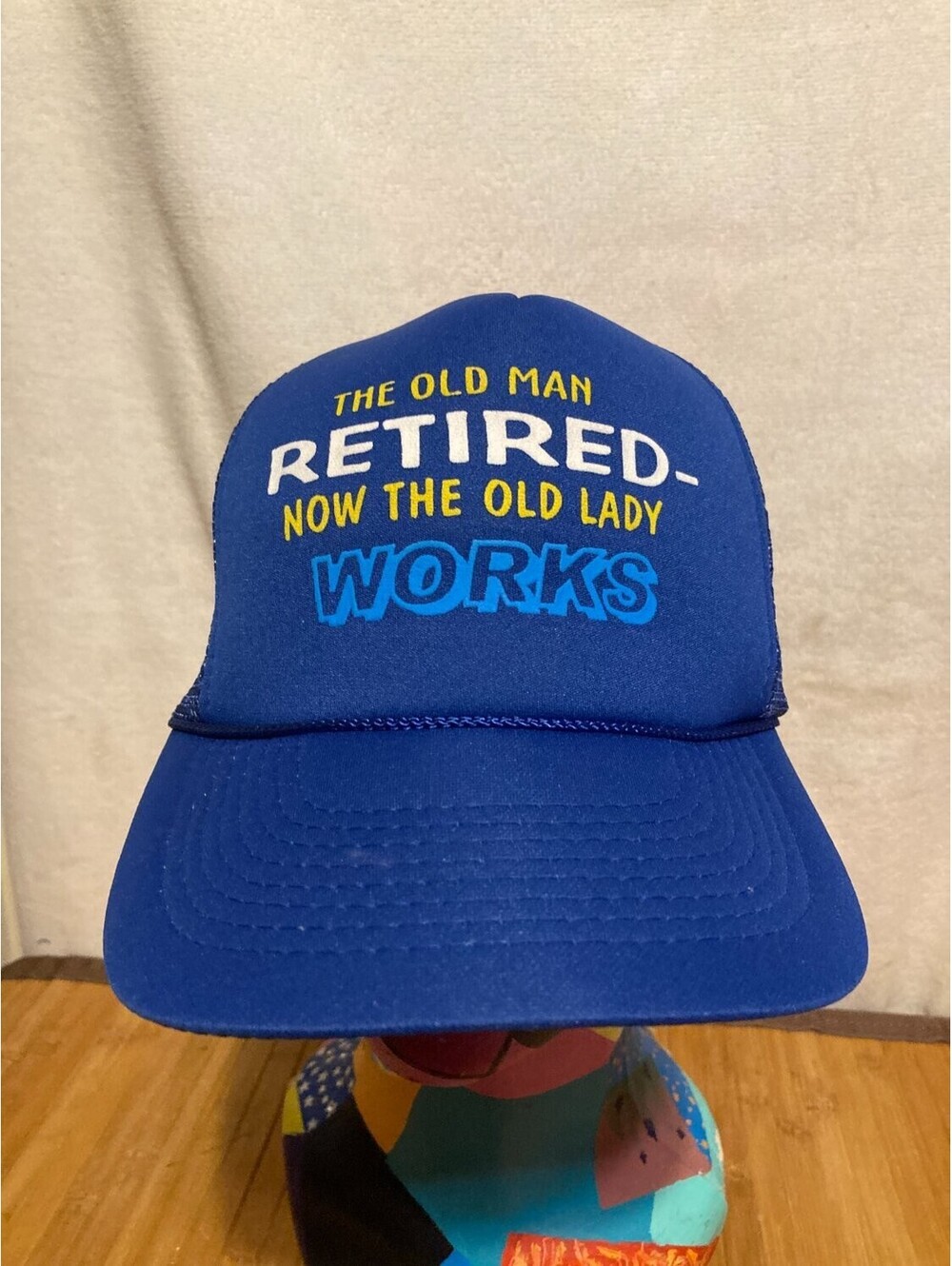 80s The Old Man Retired Now Lady Works Foam Trucker Hat Blue OS Womens Mesh Back